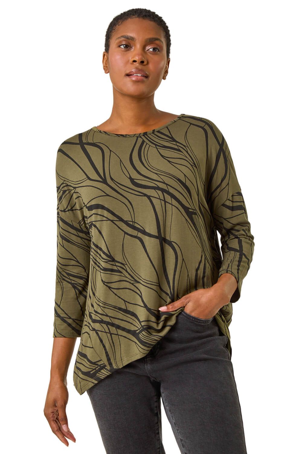 Abstract Line Print Stretch Jersey Top