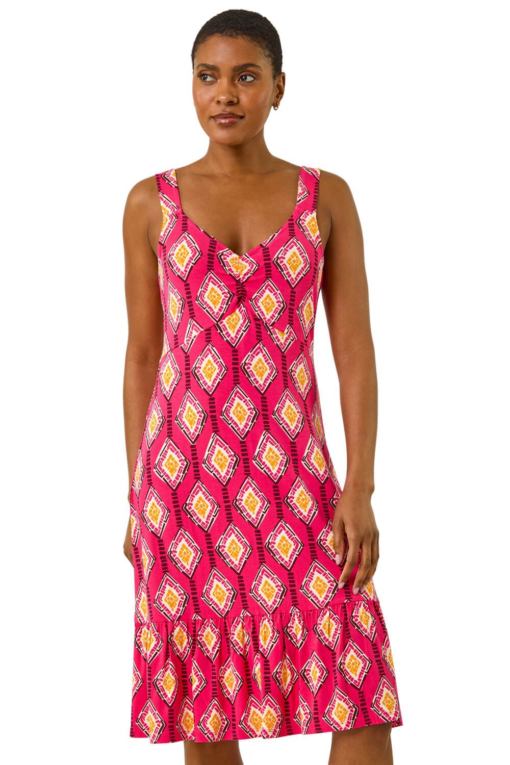 Geometric Print Strappy Frill Dress