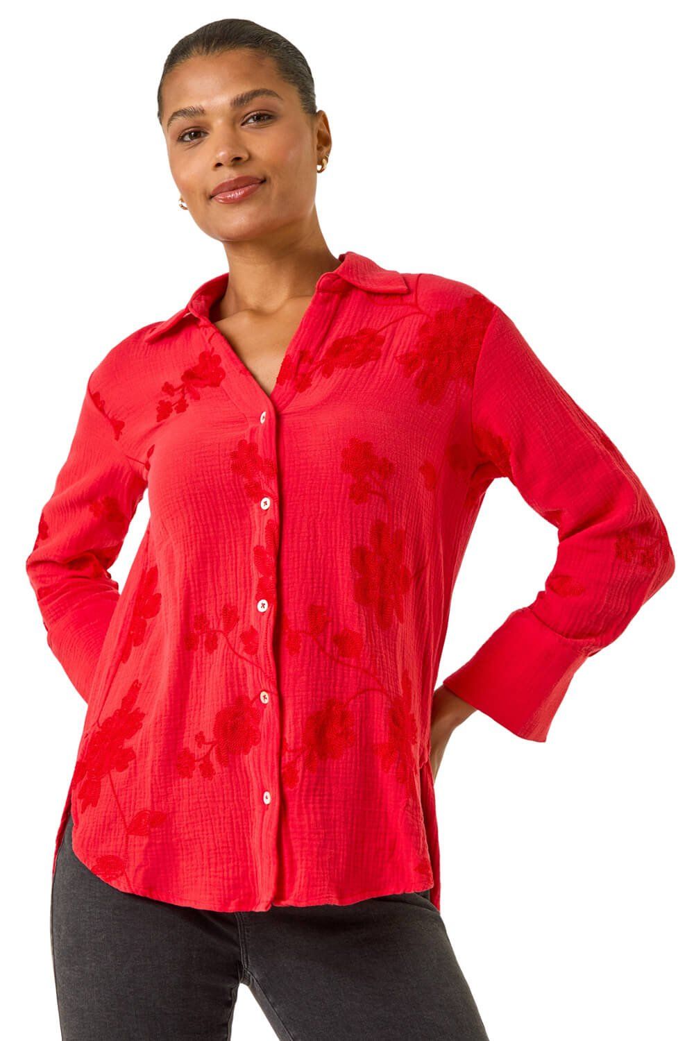 Floral Embroidered Collared Shirt