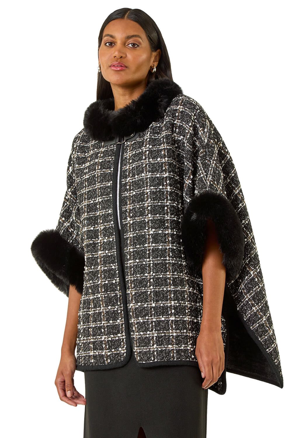 Faux Fur Jacquard Knit Poncho