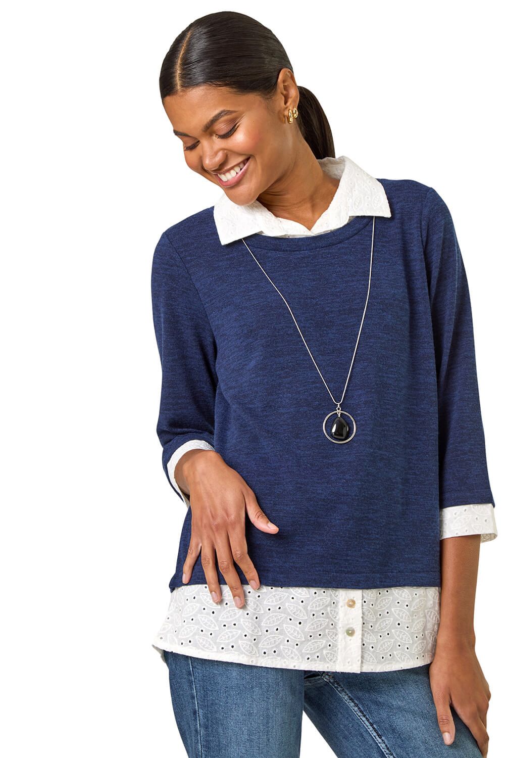 Mock Broderie Shirt Contrast Necklace Top