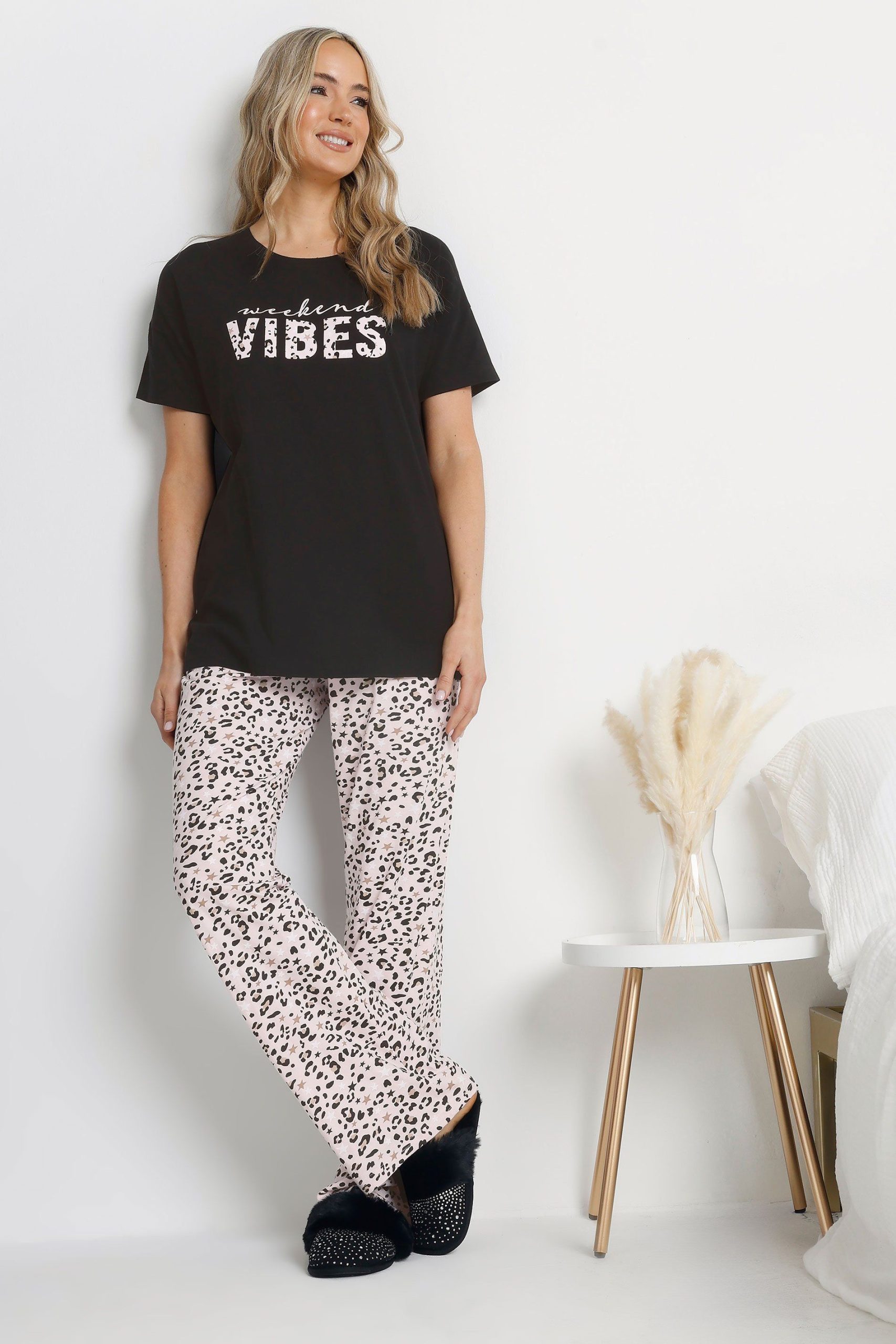 Tall Leopard Print Slogan Pyjama Set