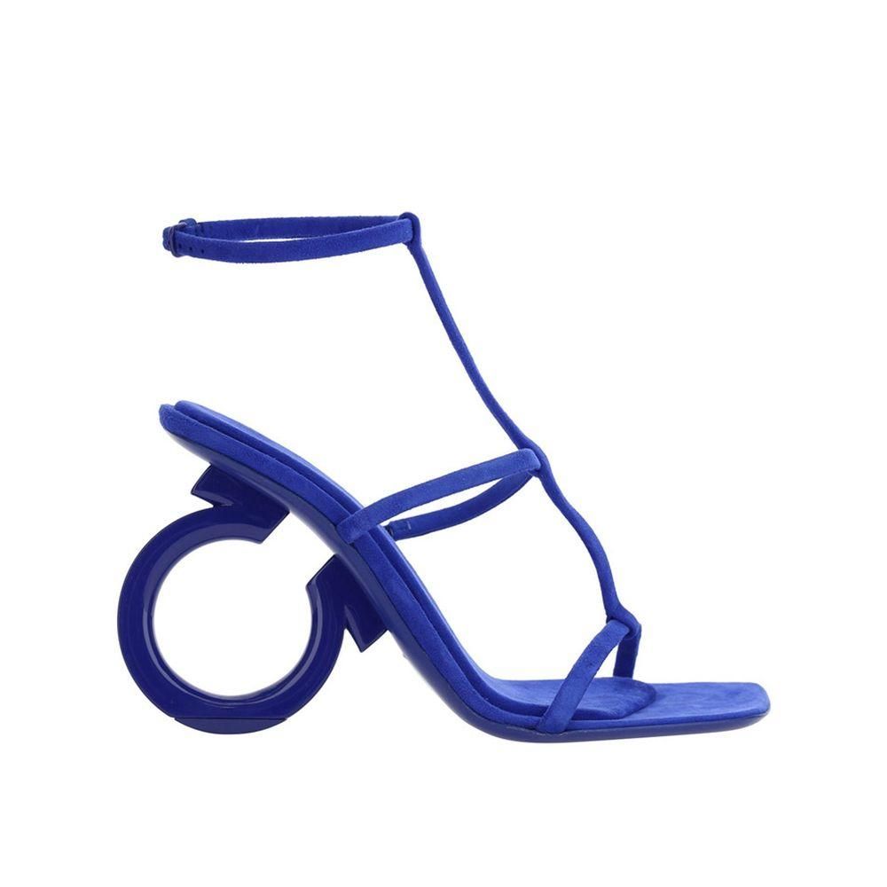 Elina Leather Sandals with Ankle Buckle and Suede Effect- Blue