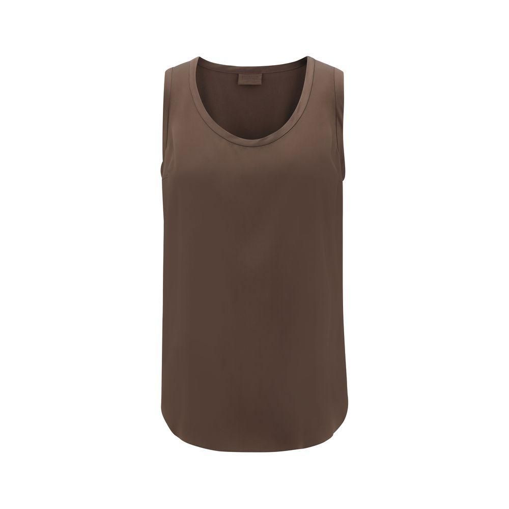 Elegant Plunging Neckline Silk Top- Brown Clothing
