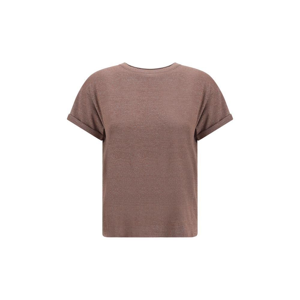 Cashmere Glitter T-Shirt with Ribbed Crew Neck- Brown