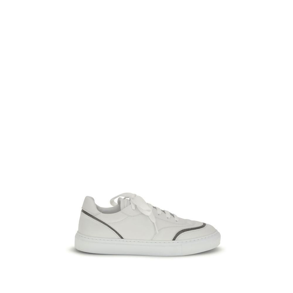 Leather Sneakers with Shiny Monili Detailing- White