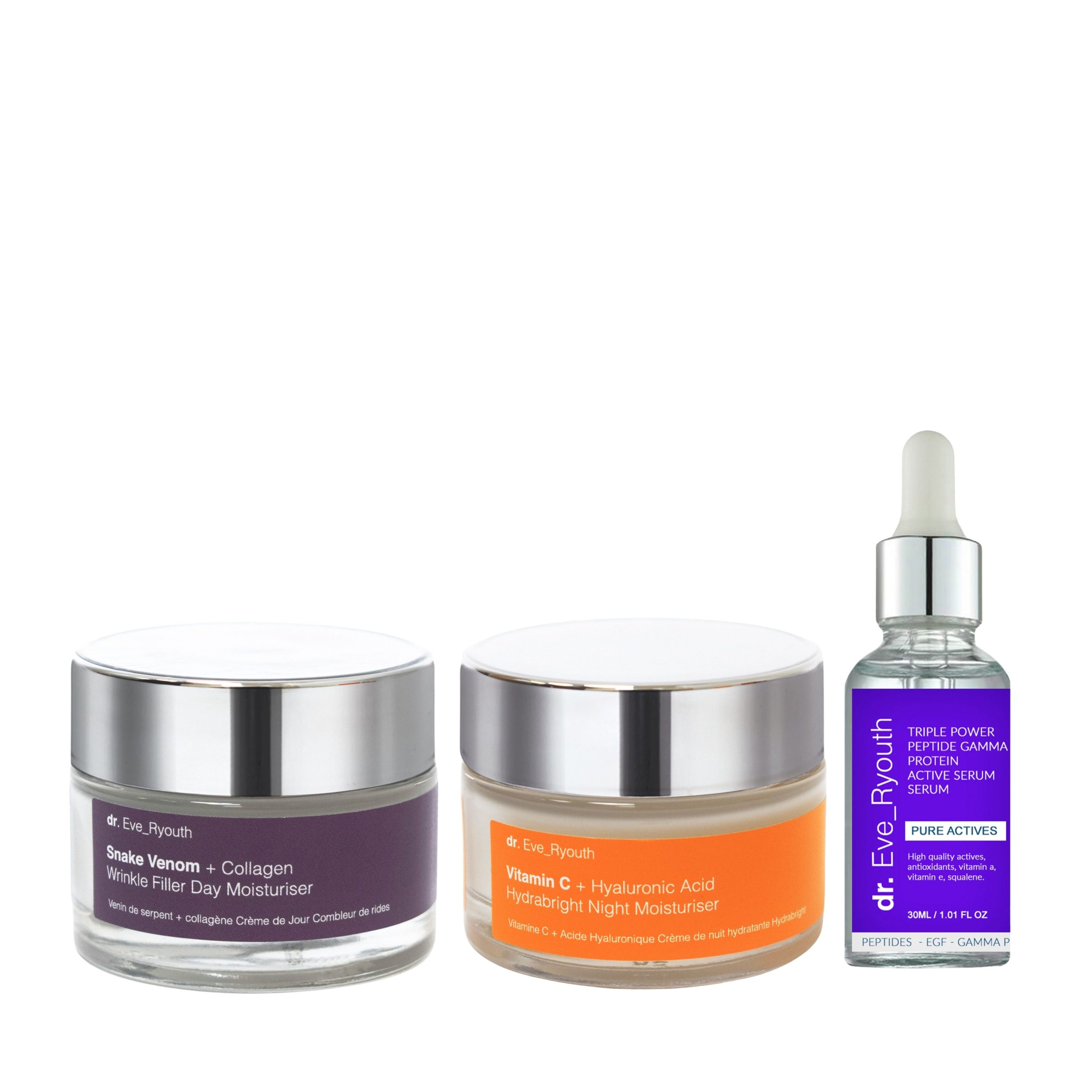 Snake Venom + Collagen Wrinkle Filler Day Moisturiser 50ml + Triple Power Peptide Gamma Protein active serum 30ml + Vitamin C + Hyaluronic Acid Hydrabright Night Moisturiser 50ml