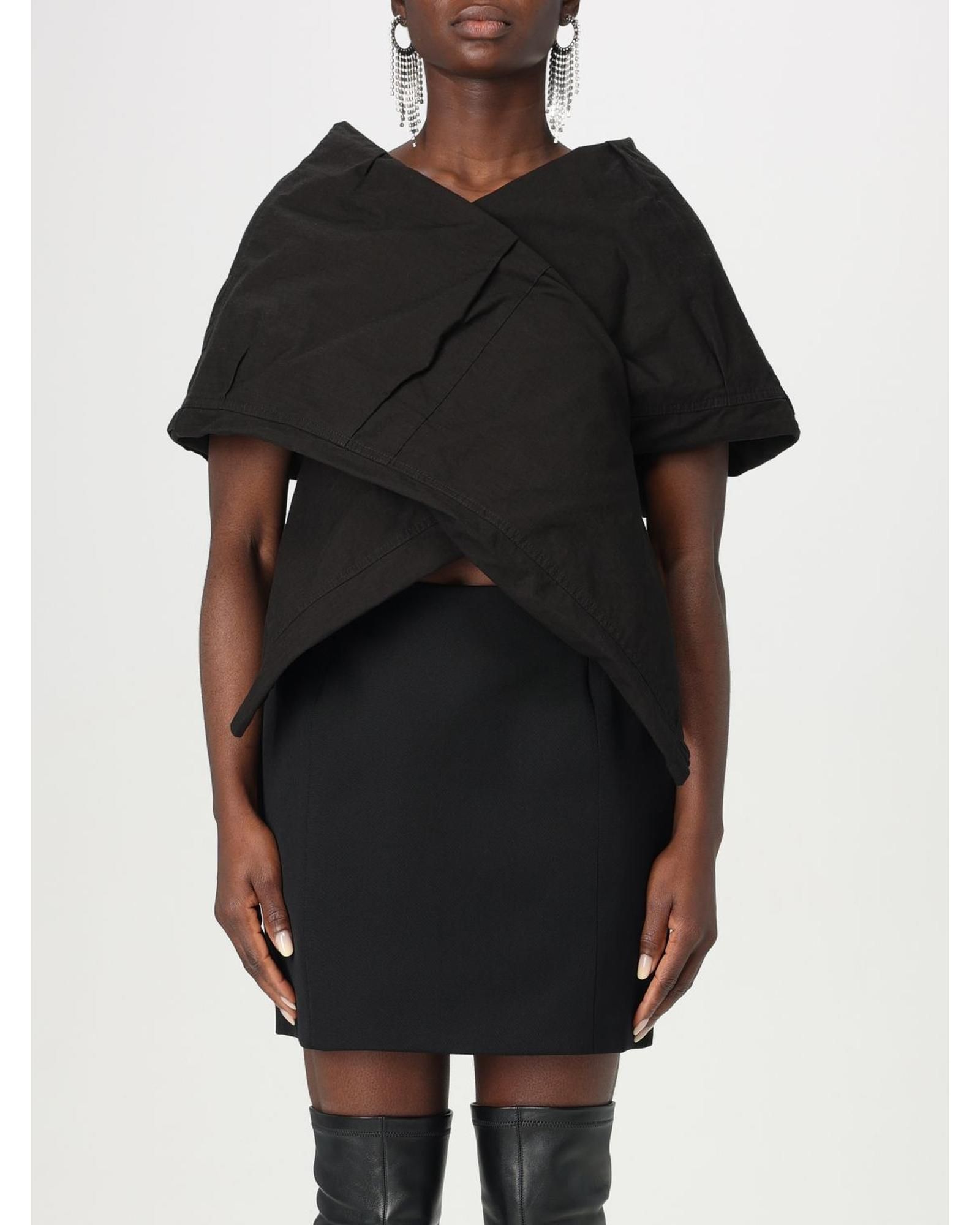 Draped Cotton VNeck Top- Black