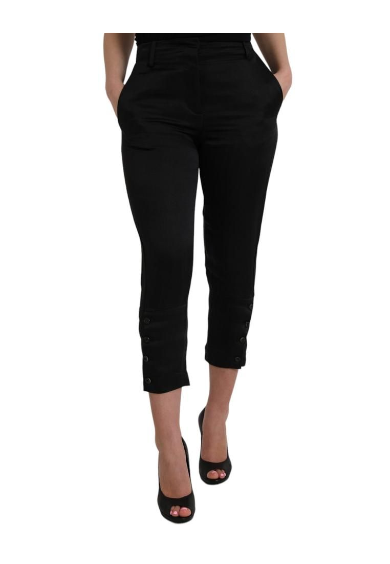 Cropped Silk Pants Button Detail- Black Jeans