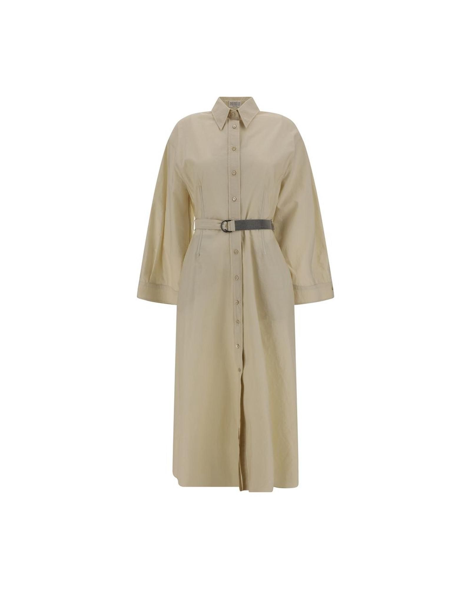 Belted Cotton Shirt Dress- Beige Dresses