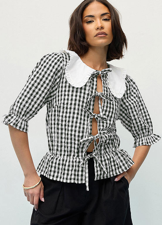 PixieGirl Petite Gingham Tie Front Collar Peplum Top