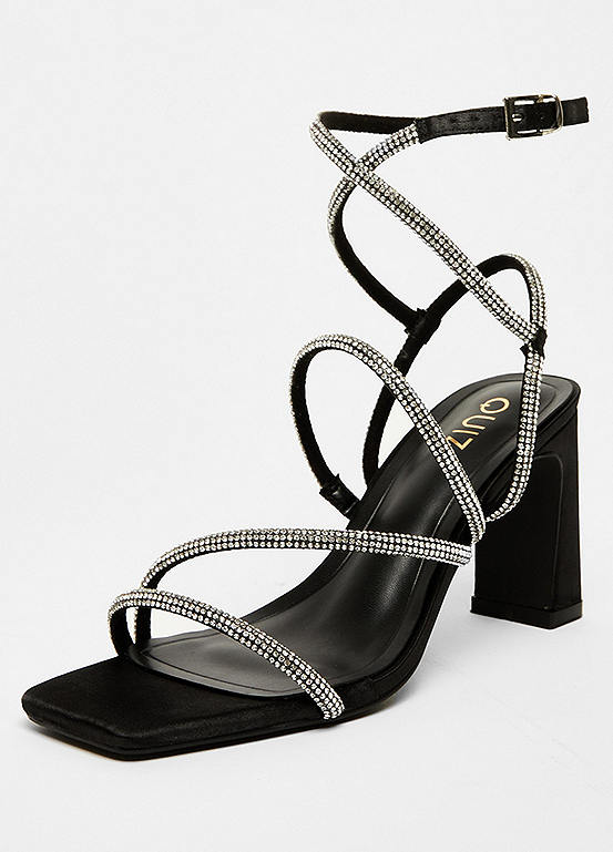 Quiz Black Satin Diamante Strappy Heel Sandals