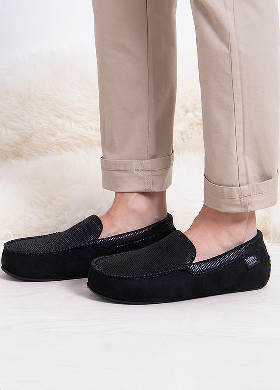 Totes Isotoner Men’s Square Patterned Smart Black Moccasin Slippers