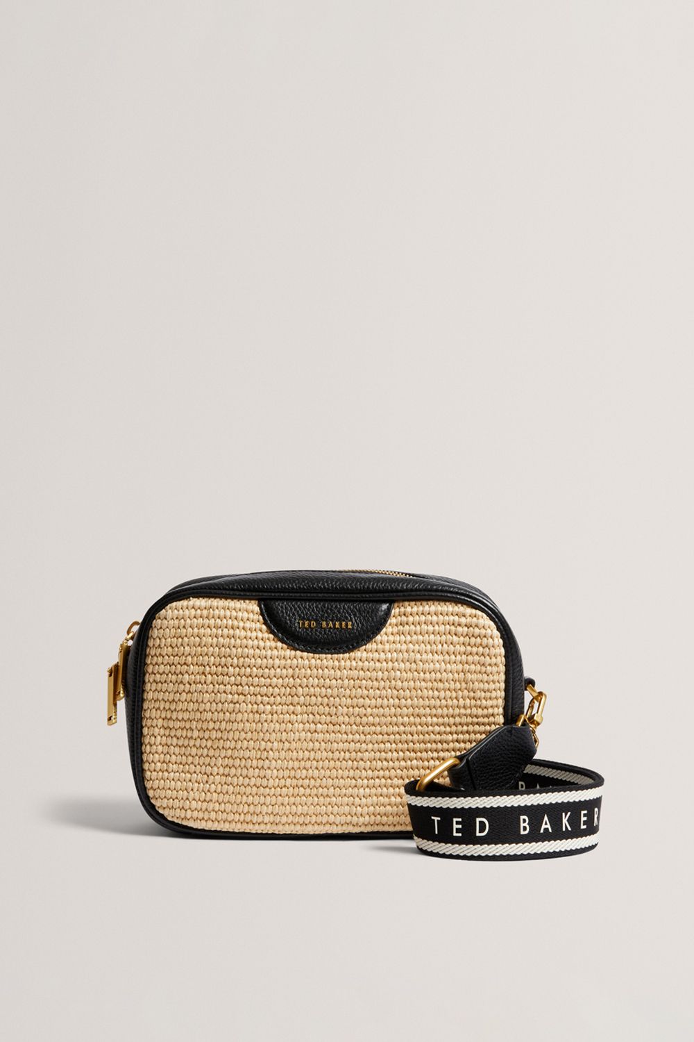 BARDAS Webbing Faux Raffia Camera Crossbody Bag Black